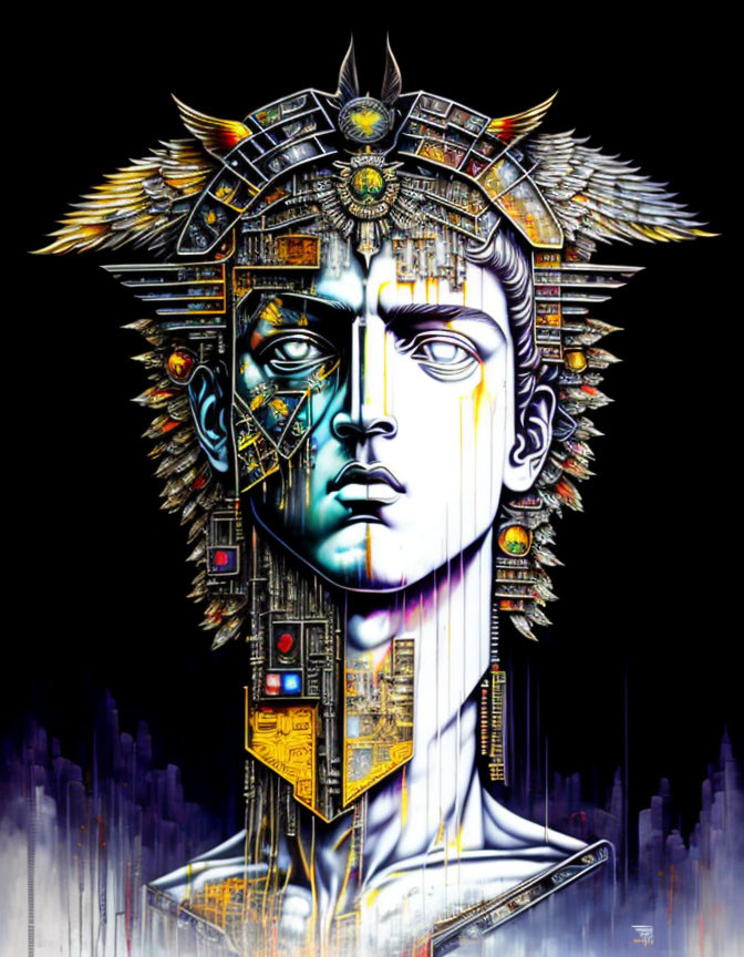 Futuristic portrait blending Aztec deity with cybernetic enhancements