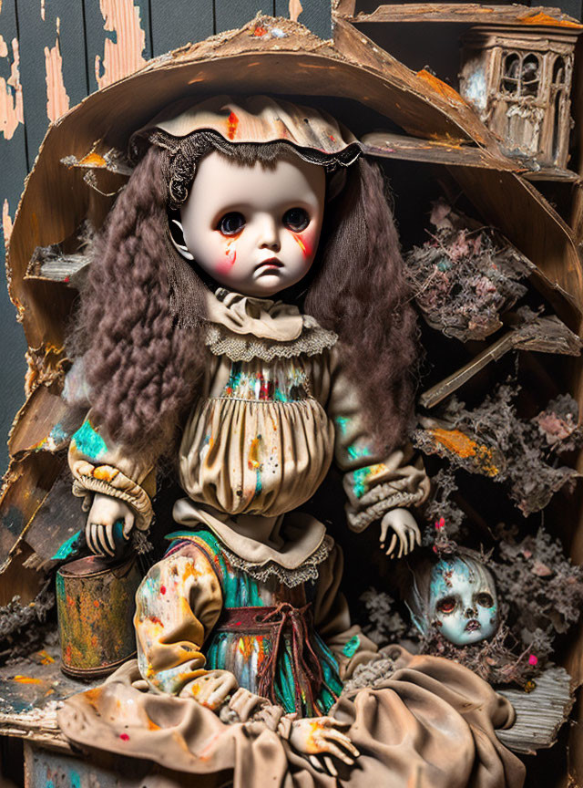 Creepy doll with large eyes, disheveled hair, vintage dress, and skull in decrepit