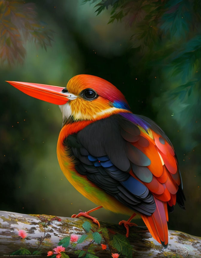 Colorful Bird Illustration with Long Red Beak and Multicolored Feathers