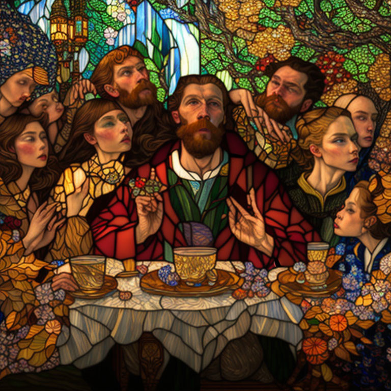 Bearded man at table with cup, surrounded by attentive figures in stained glass style illustration