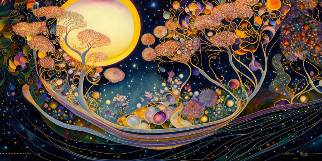 Fantastical landscape with stylized trees and a large yellow moon