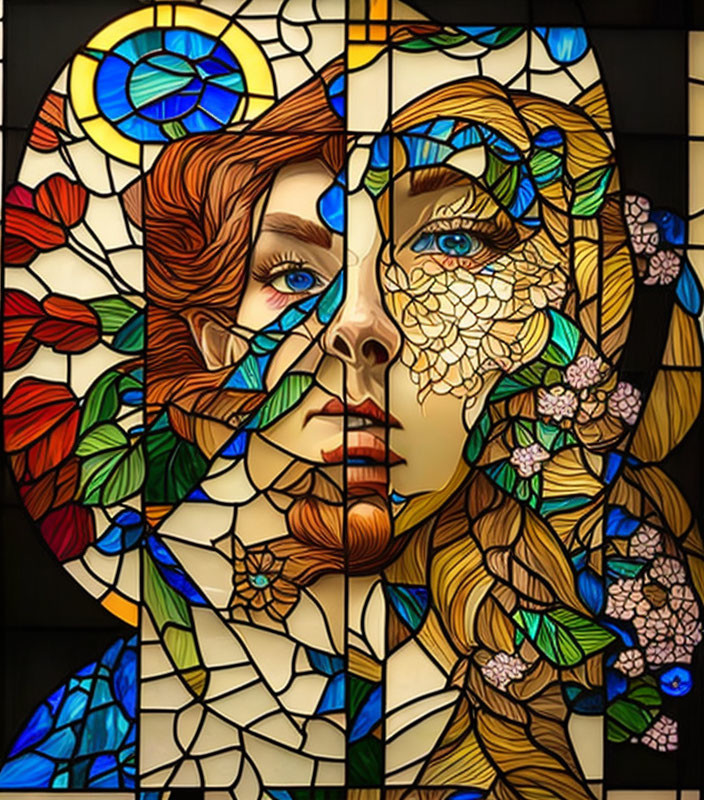 Colorful stained glass portrait of a woman with blue eyes surrounded by foliage and flowers.