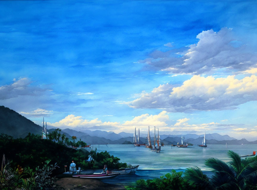 Boats on calm seas with vibrant sky and distant mountains.