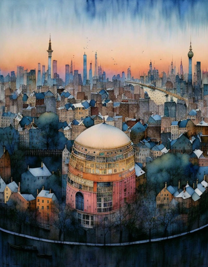 Cityscape painting with round building and skyscrapers under twilight sky