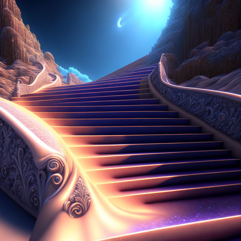 Intricate Staircase Under Crescent Moon Night Sky
