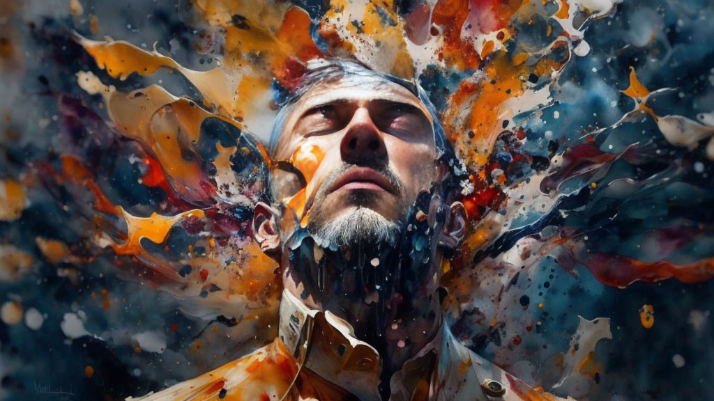 Colorful artistic representation of a man with vibrant paint splatters