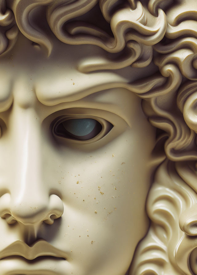 Classical statue face close-up with detailed curls and imperfections