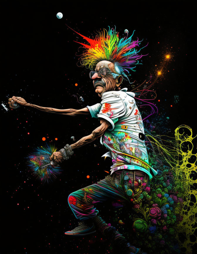 Colorful figure with explosive hair playing guitar in vibrant illustration