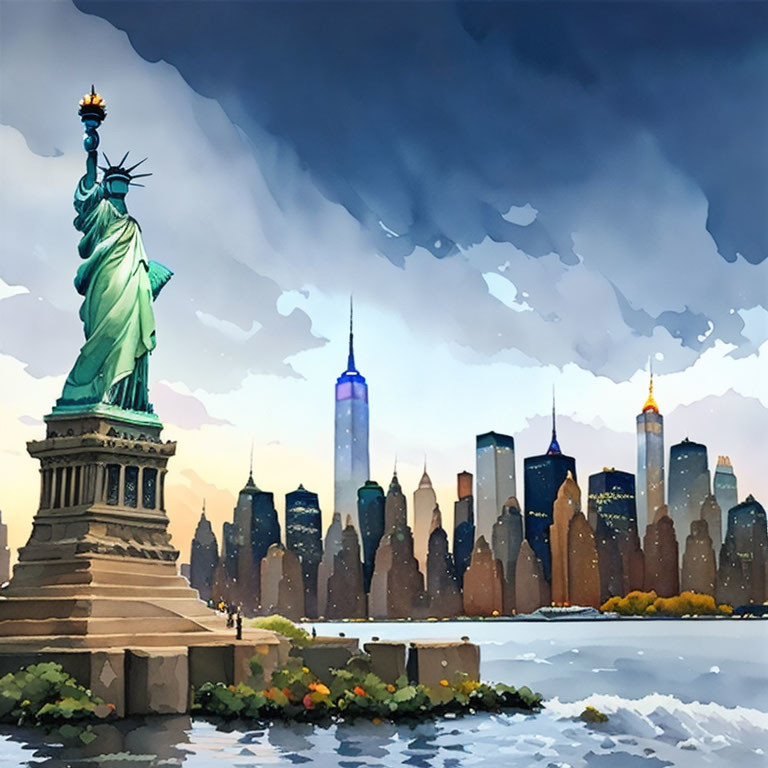 Stylized Statue of Liberty with NYC skyline and cloudy sky reflected in water