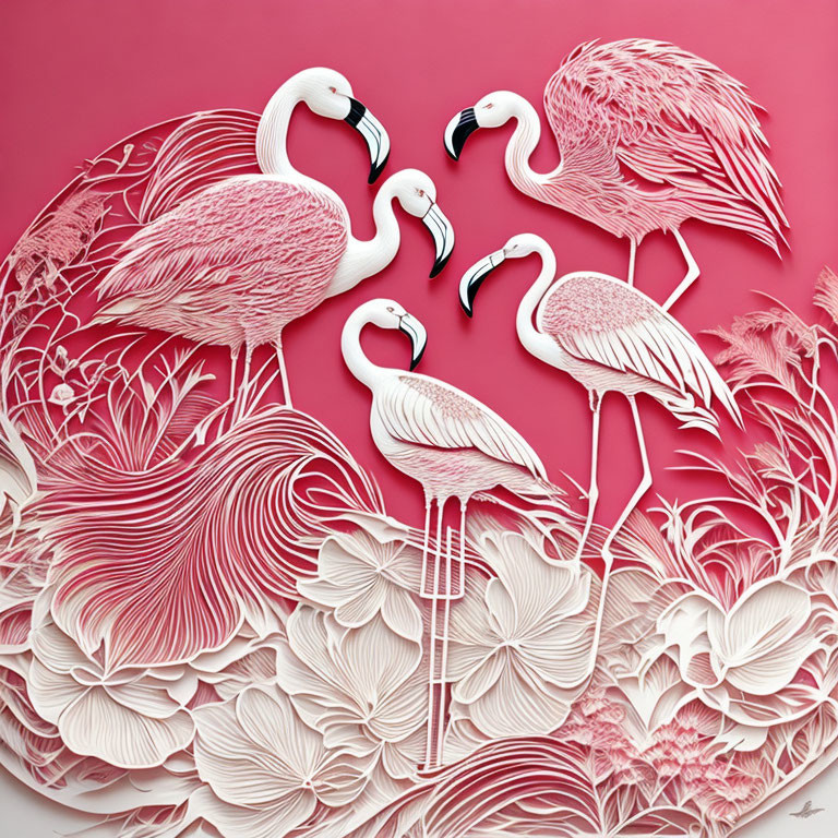 Detailed Paper Art: Five Pink Flamingos with Floral Patterns on Pink Background