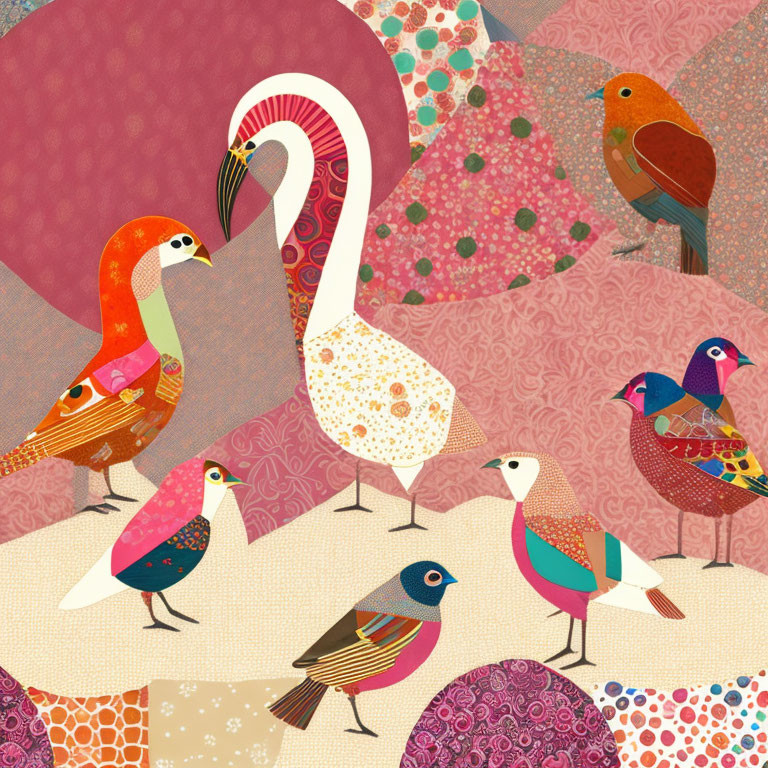 Vibrant bird illustrations on pink and earth-toned background