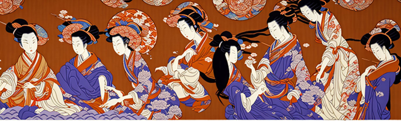 Traditional Japanese Ukiyo-e style illustration of women in kimonos with floral patterns and unique hairstyles