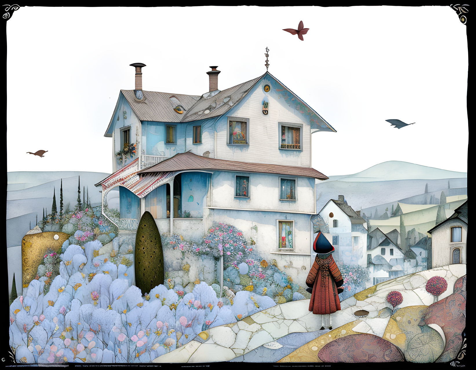 Colorful Illustration: Woman in Red Cloak near Quaint House