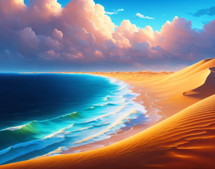 Surreal landscape: desert dunes meet vibrant ocean under fluffy sky