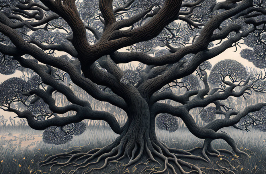 Detailed monochromatic illustration of large twisting tree in forest setting