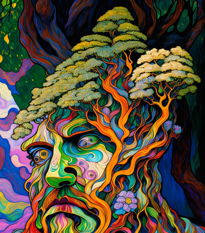 Colorful psychedelic face art with tree-like features and bonsai crown