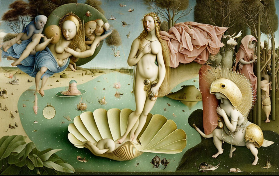 Surreal Renaissance-style painting with nude woman in shell and fantastical figures