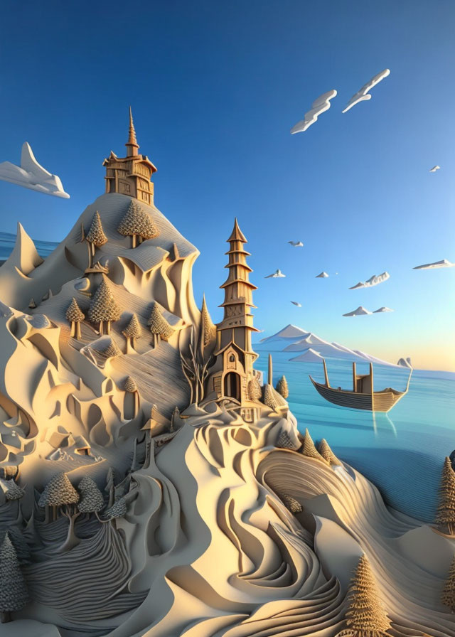 Surreal digital artwork: sandy castles, trees, boat, paper planes