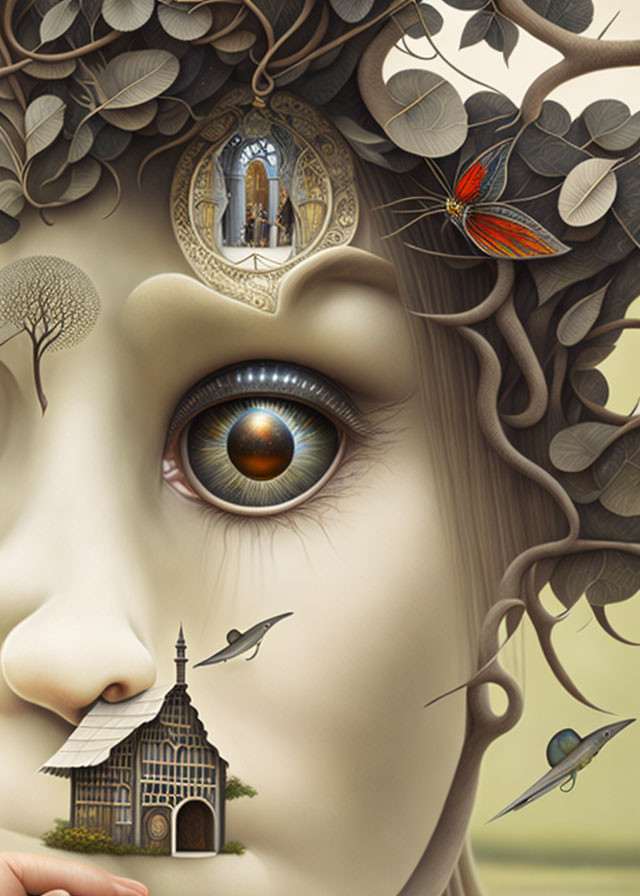 Detailed surreal artwork featuring eye, nature, architecture, tree, birds, butterfly, and church.