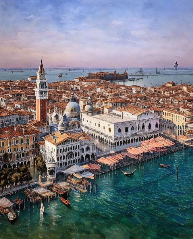 Venice Aerial View with Campanile, Doge’s Palace, Gondolas & Historic