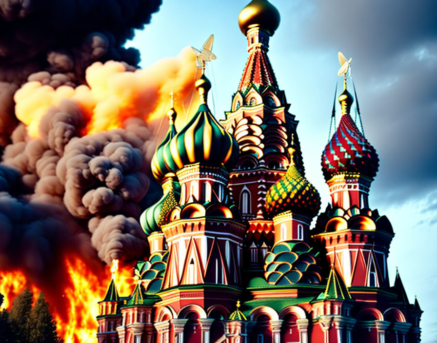 Vibrant Saint Basil's Cathedral with colorful onion domes and fire in dramatic image