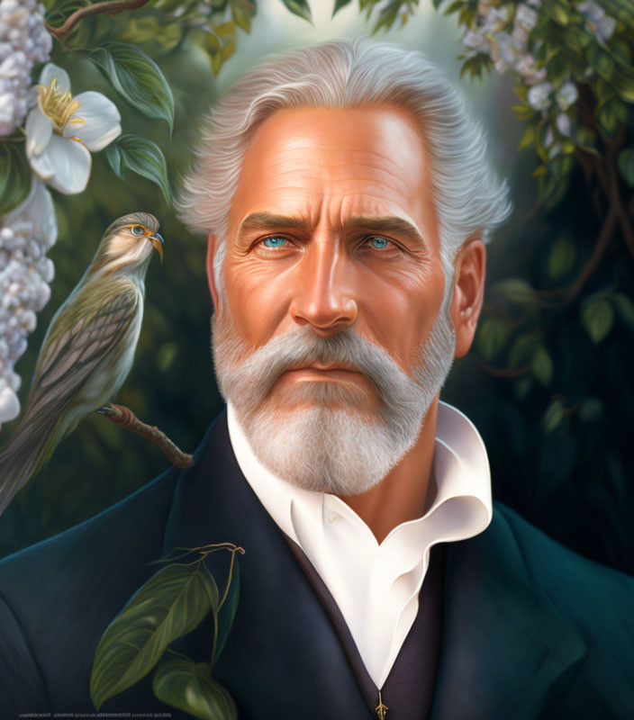 Elderly man with white beard and blue eyes in suit, surrounded by foliage and bird