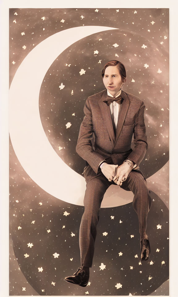 Vintage Suit Figure Sitting on Crescent Moon in Starry Setting