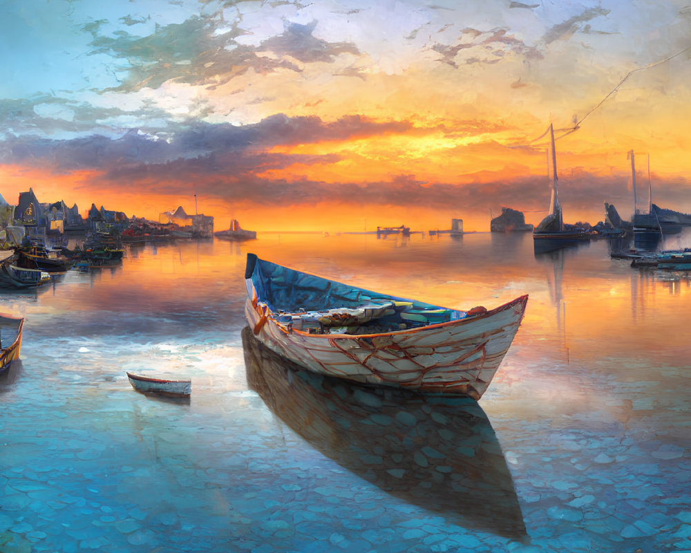 Tranquil sunset harbor scene with rowboat, calm water, ships, and buildings