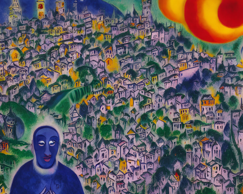 Vibrant expressionistic town painting with swirling patterns, colorful houses, celestial body, and cloaked