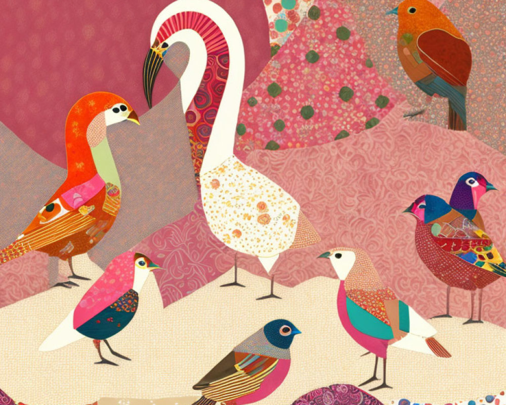 Vibrant bird illustrations on pink and earth-toned background