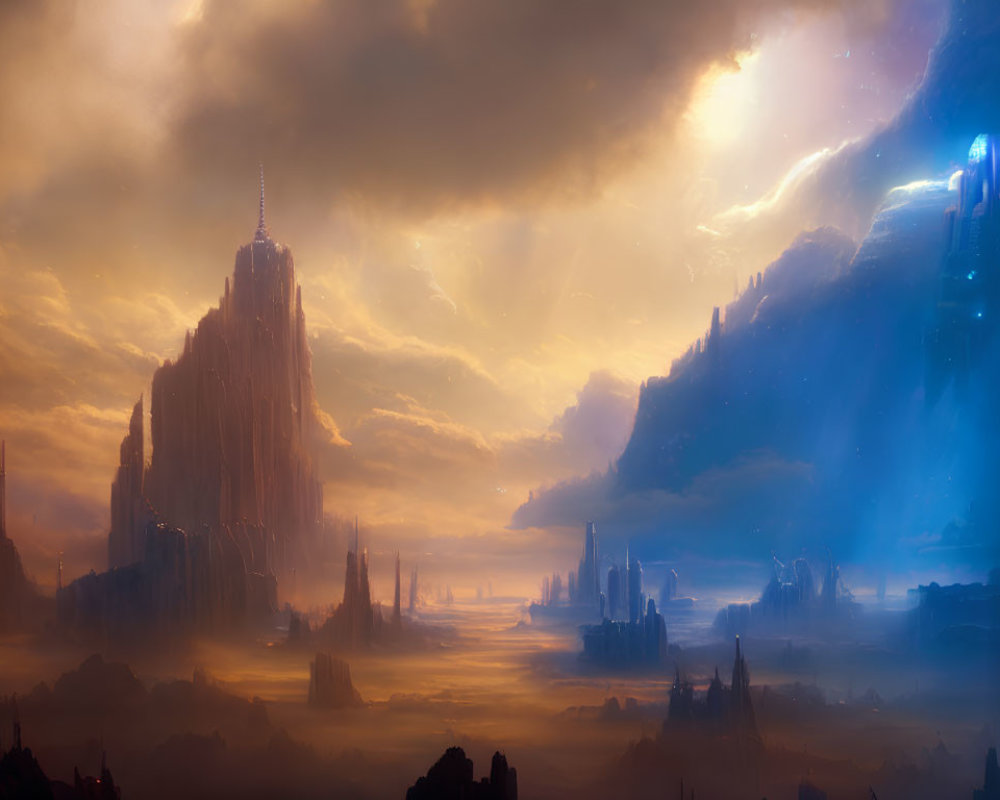 Panoramic sci-fi landscape with towering alien structures in dramatic orange and blue sky