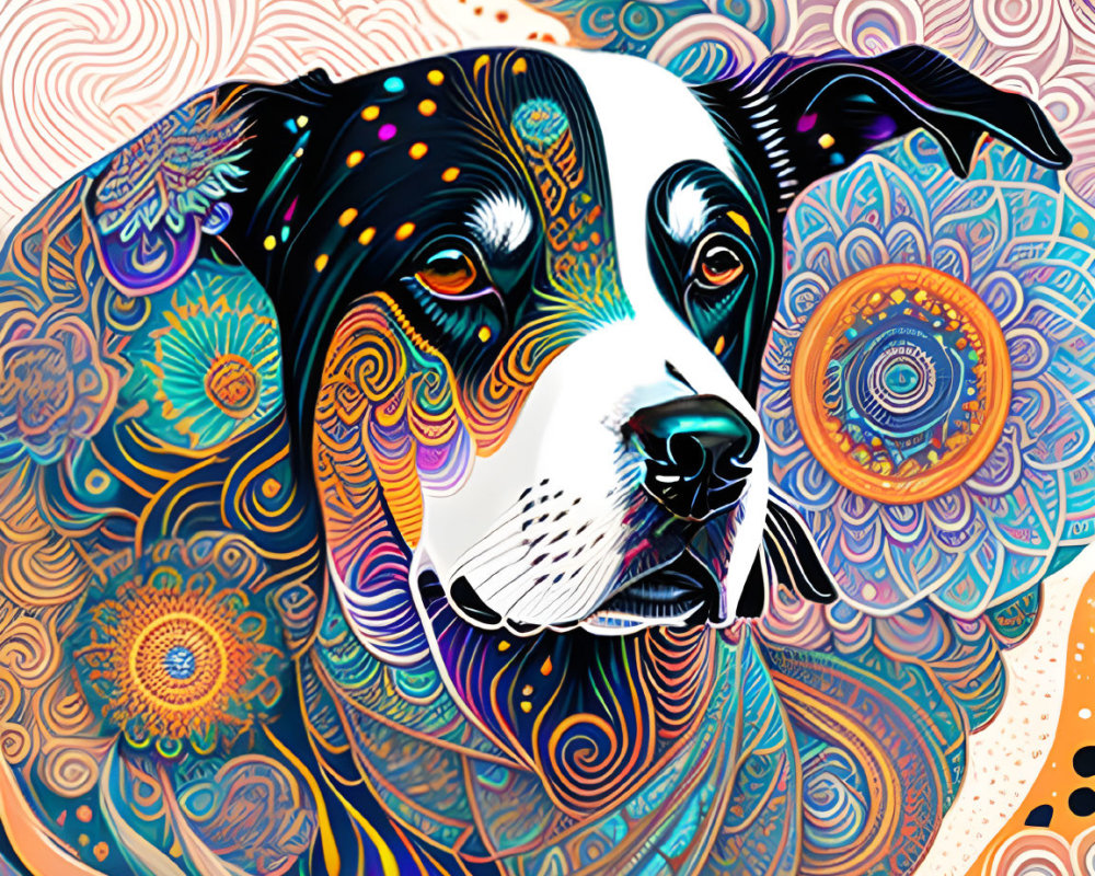 Colorful Psychedelic Dog Illustration with Swirl Patterns