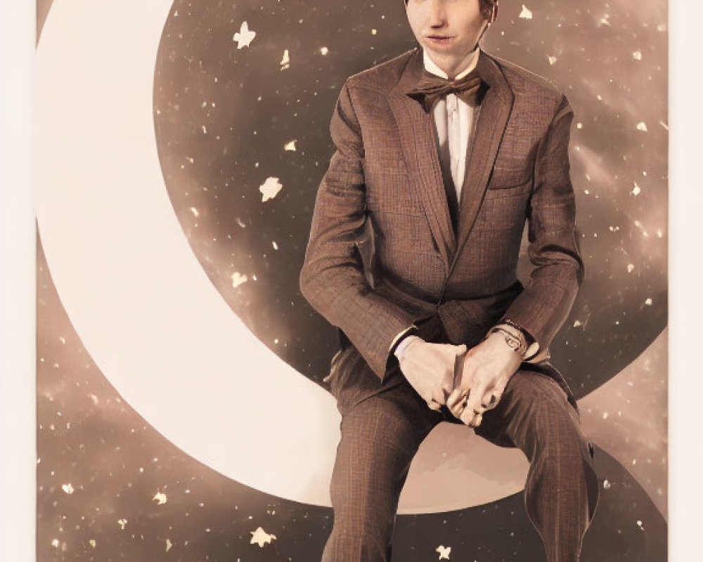 Vintage Suit Figure Sitting on Crescent Moon in Starry Setting