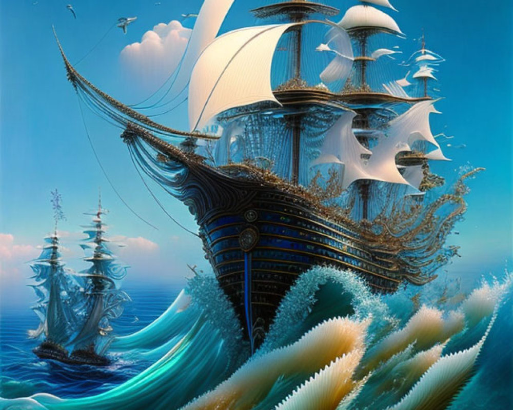 Illustration of majestic sailing ships on turbulent ocean waves under clear blue sky