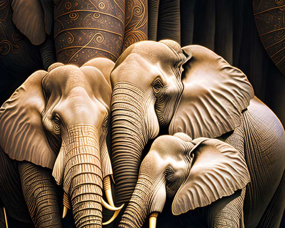 Detailed surreal illustration of multiple patterned elephants in golden hue