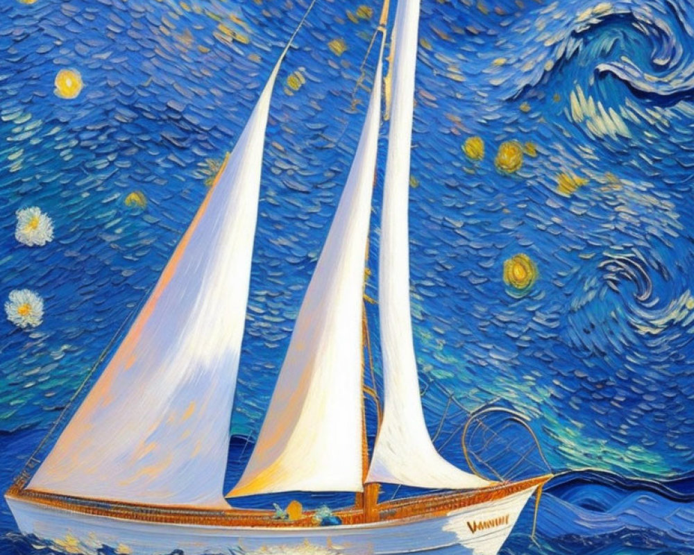 Sailboat painting with swirling waves and starry sky