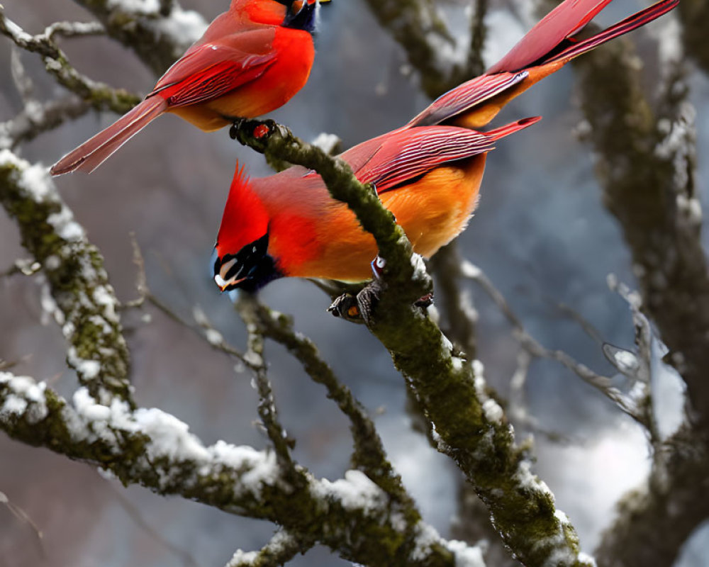 Two vibrant red northern cardinals on moss-covered branches with bare trees background