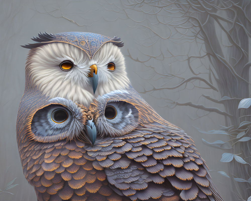 Intricate Owl Illustration with Yellow Eyes in Misty Forest