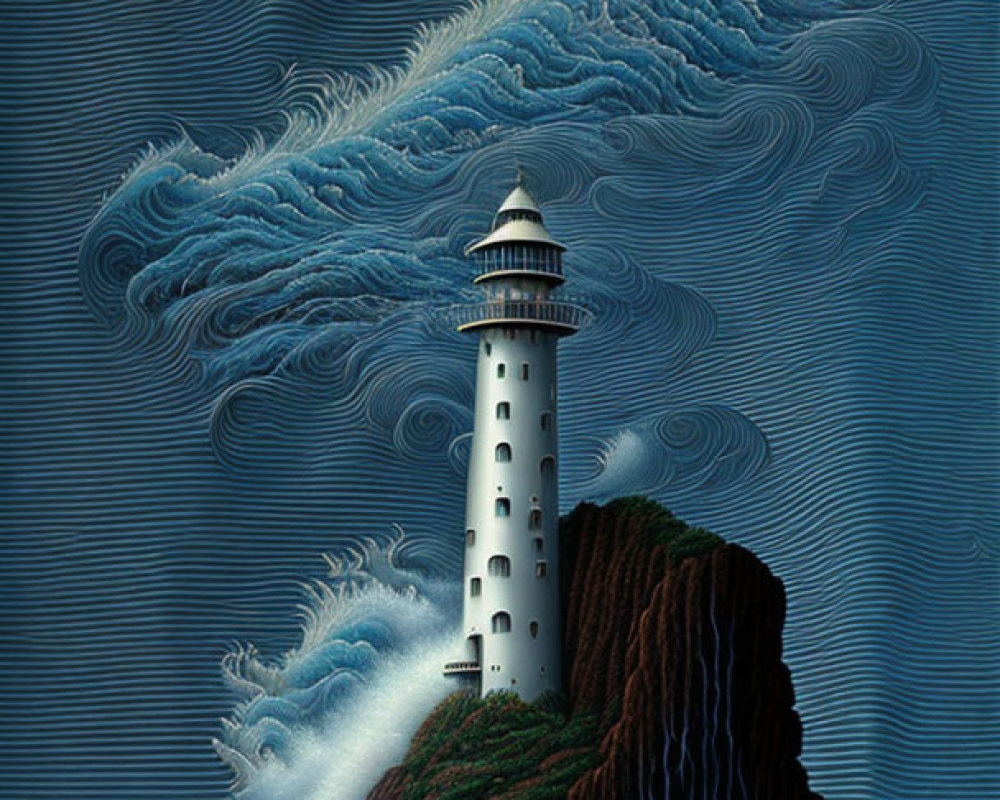 Lighthouse on craggy island amid turbulent sea and patterned sky