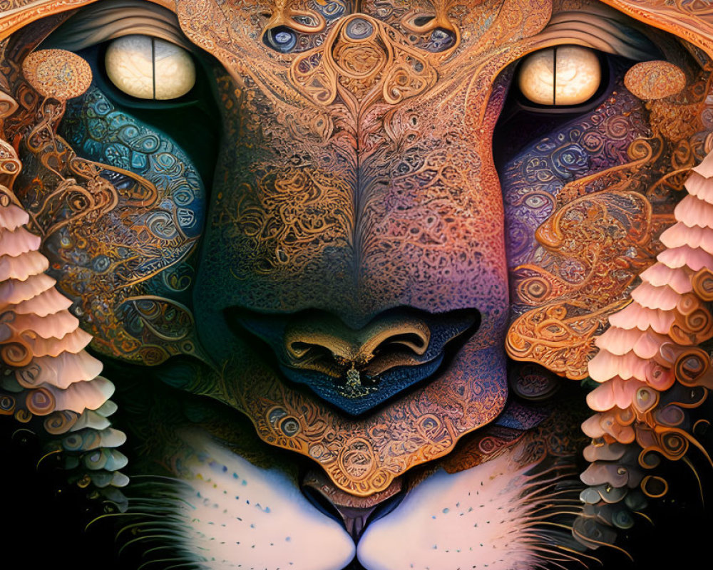 Intricate lion face artwork with warm tones and surreal patterns