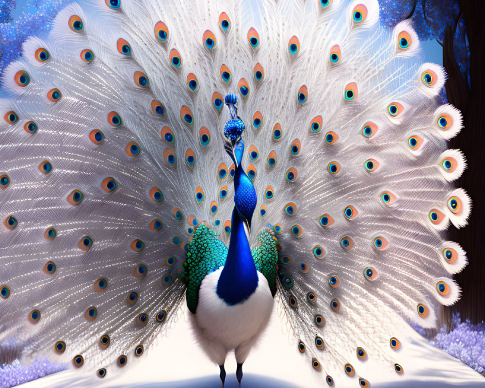 Majestic peacock with vibrant tail feathers in blue forest at night