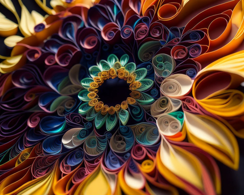 Vibrant quilled paper art of intricate floral pattern on dark background