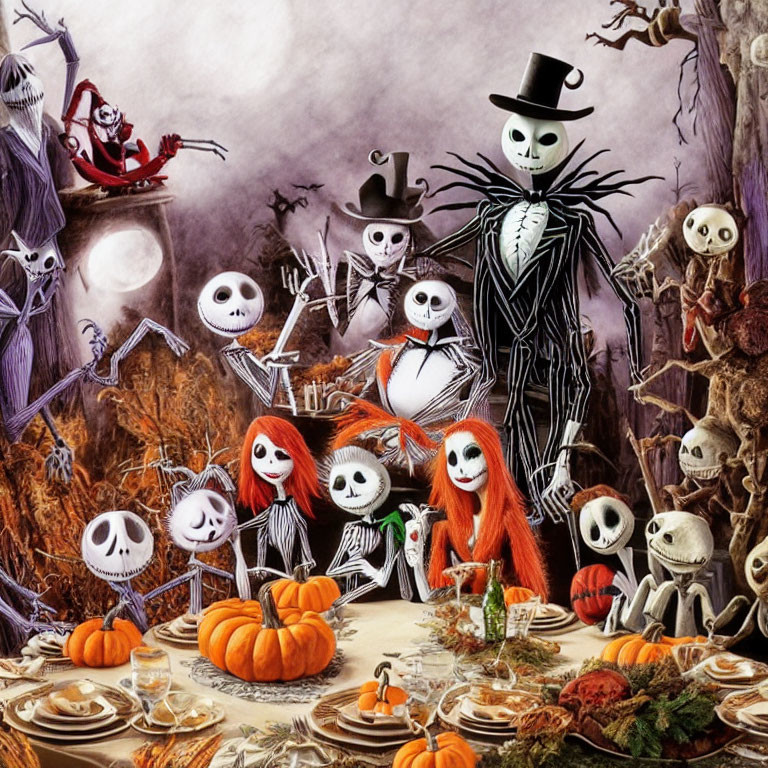 Festive Halloween scene with characters and pumpkins