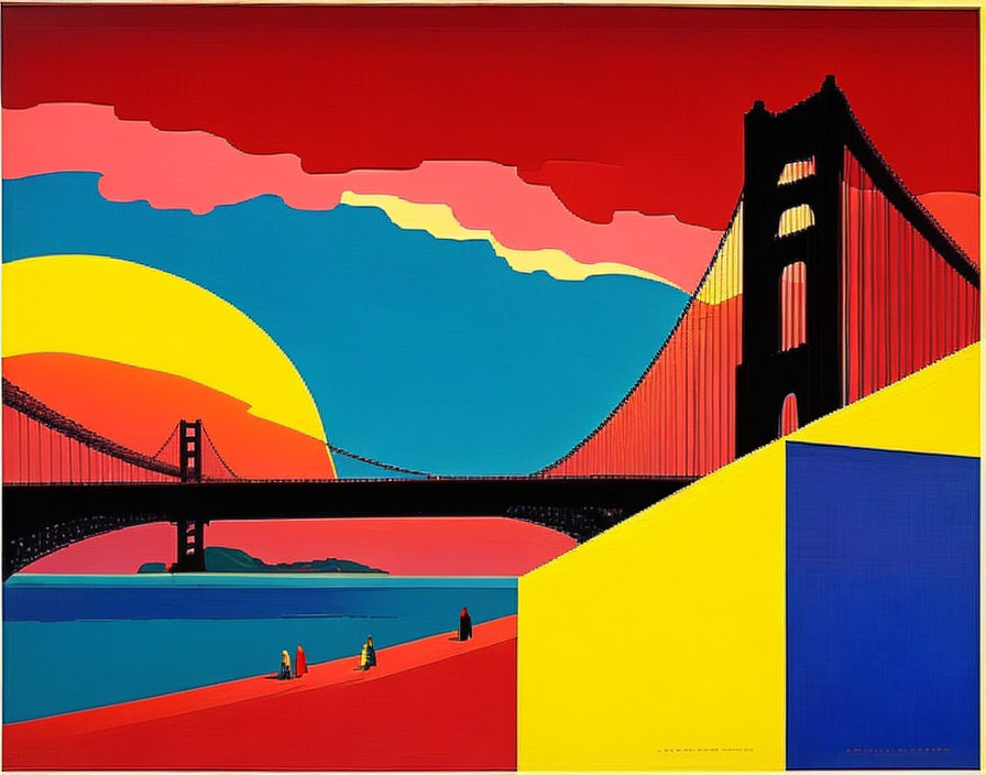 Vibrant Golden Gate Bridge painting with oversized sun and abstract foreground.