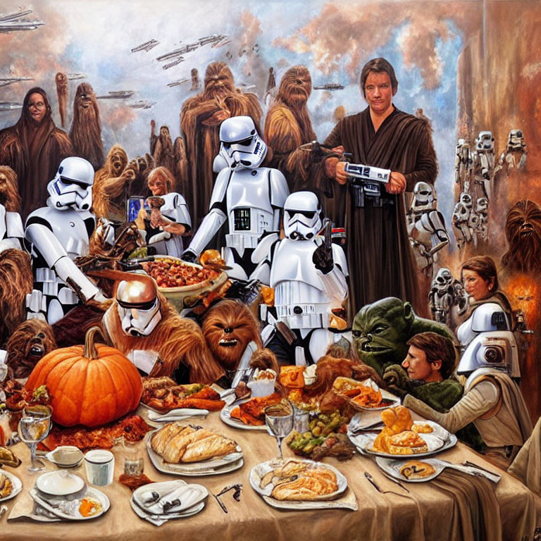 Sci-fi Last Supper parody with Star Wars characters at festive table