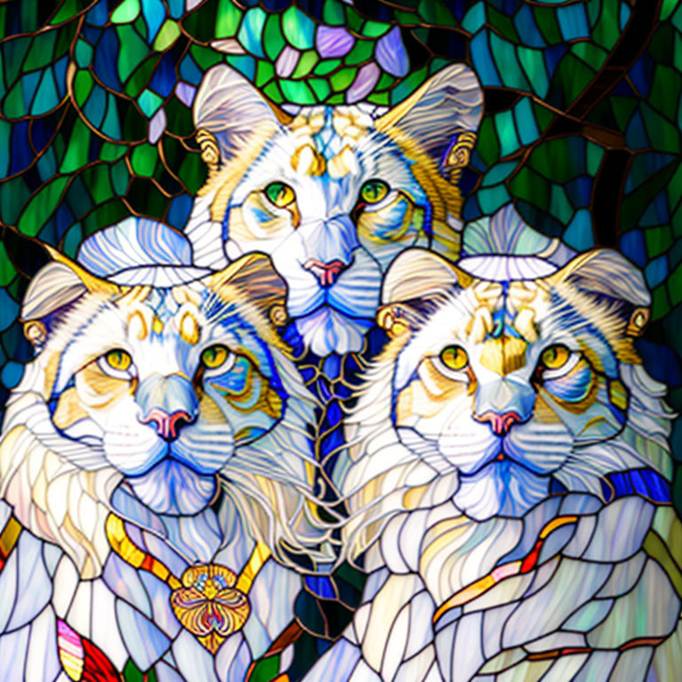 Symmetrical white tigers in stained glass style illustration