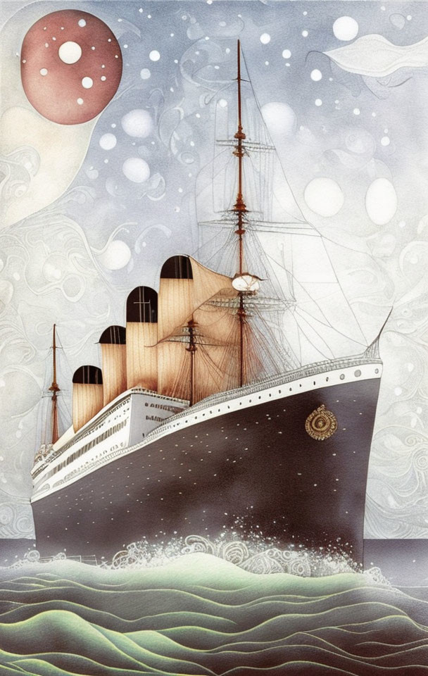 Hybrid sail-steamship on undulating seas under whimsical skies