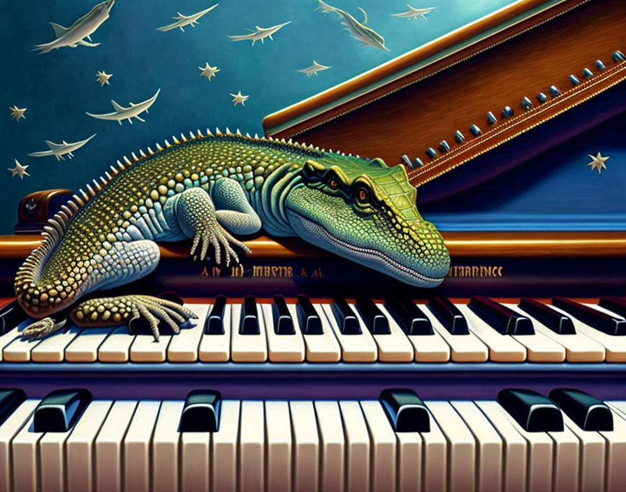 Colorful Alligator on Piano Keys with Night Sky and Birds