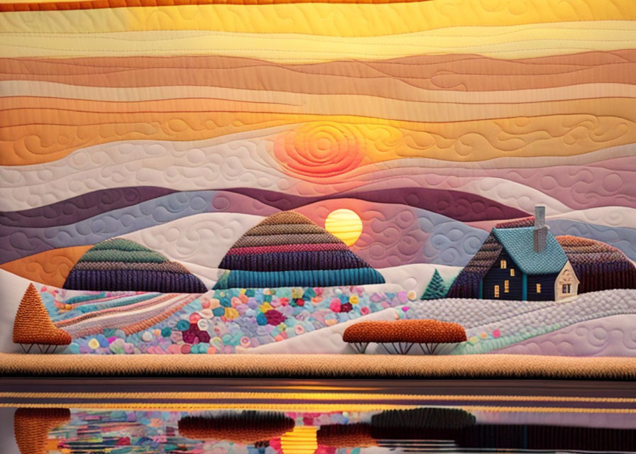 Colorful quilt-style pastoral landscape with sunset, hills, house, trees, and hot air balloon.