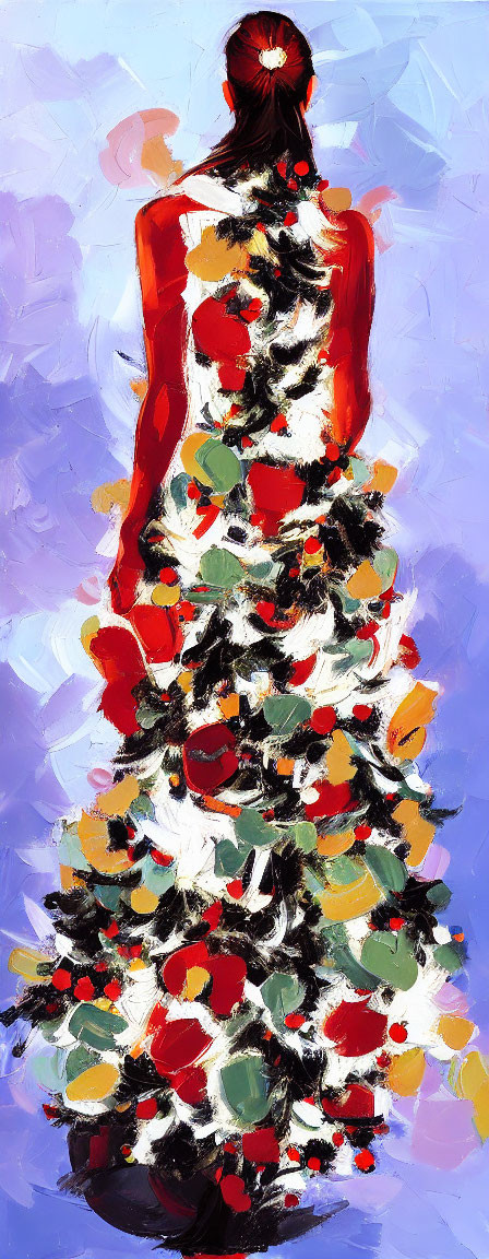 Abstract Christmas tree person fusion with red ornaments in colorful style